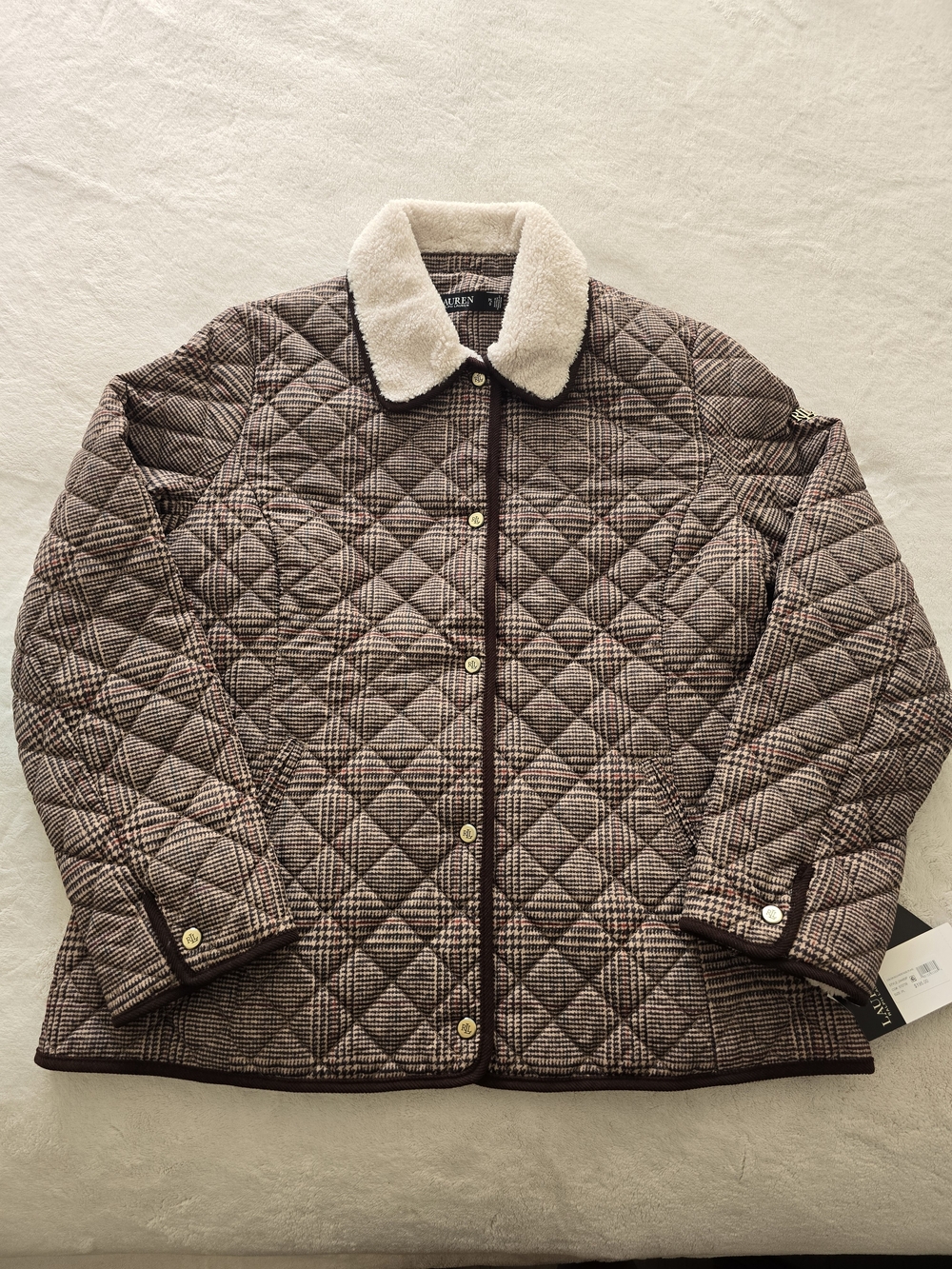 Lauren Ralph Lauren Brown Plaid Quilted Puffer with Cream Sherpa Collar
